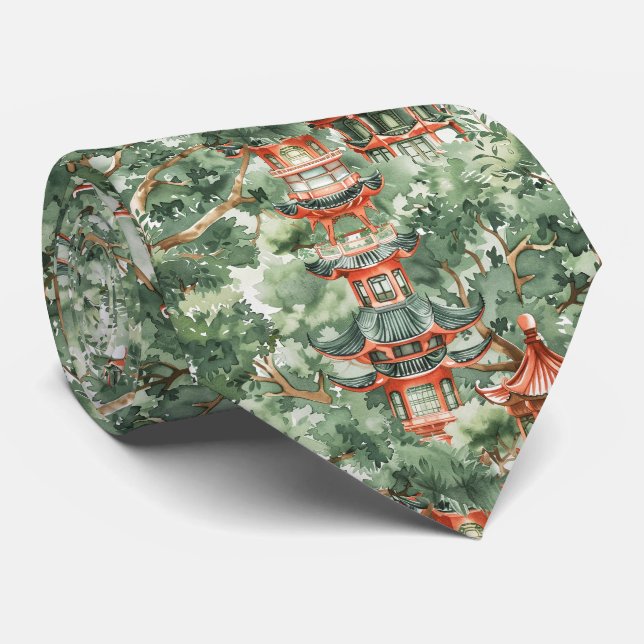 Gravata Pagode Chinesa Floresta Verde Sálvia (Rolled)