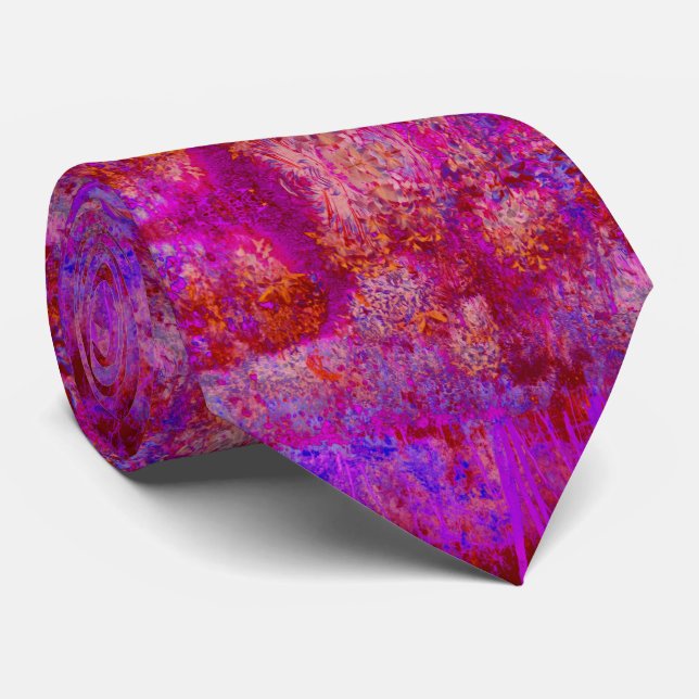 Gravata Paisagem Impressionista Trippy Red e Magenta (Rolled)
