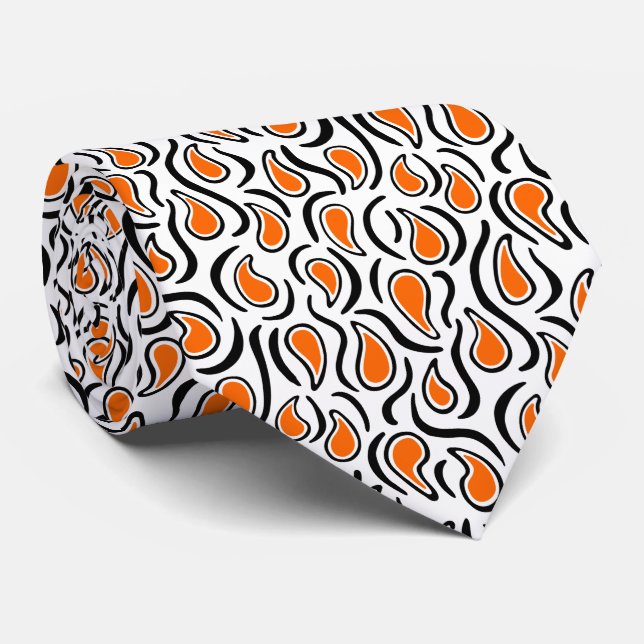 Gravata Paisley Abstrato 230523 - Laranja, Preto e Branco (Rolled)