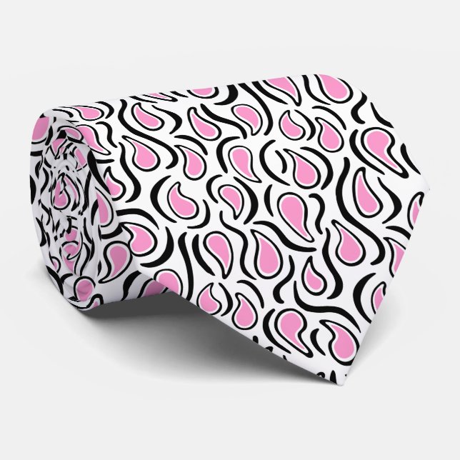Gravata Paisley Abstrato 230523 - Rosa, Preto e Branco (Rolled)