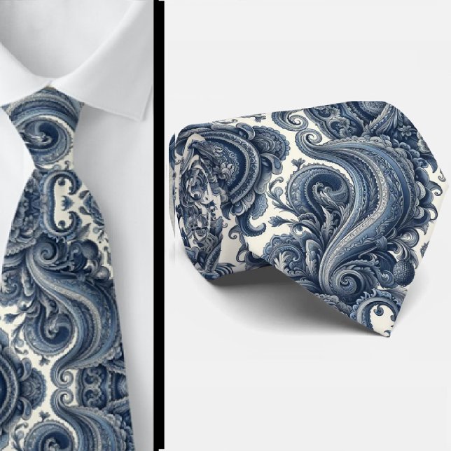 Gravata Paisley Azul e Branco Premium (Criador carregado)