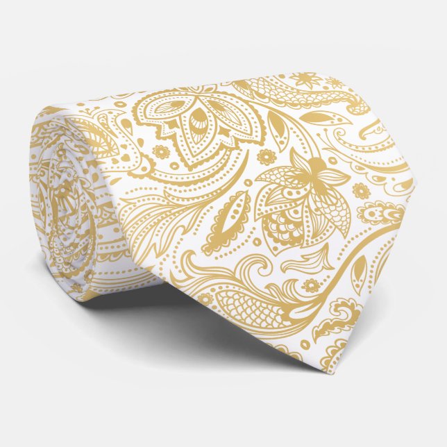 Gravata Paisley Dourado e branco elegante (Rolled)