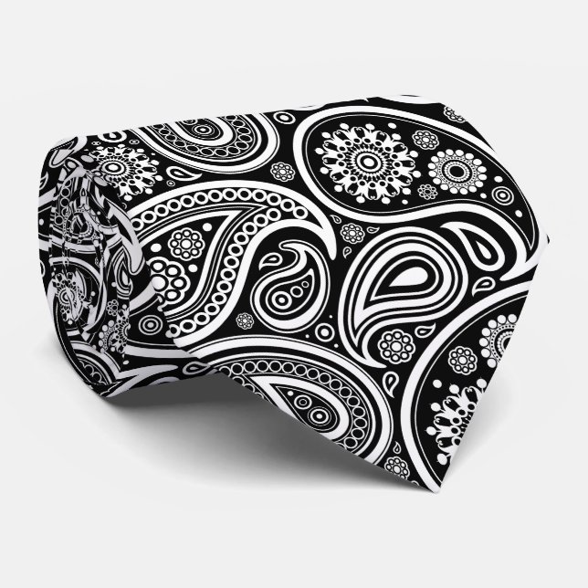 Gravata Paisley Pattern, Persa Paisley, Preto e Branco (Rolled)