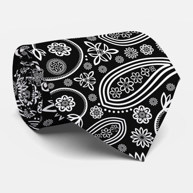 Gravata Paisley Pattern, Persa Paisley, Preto e Branco (Rolled)
