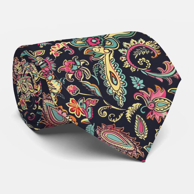 Gravata Paisley Preto Floral  (Rolled)