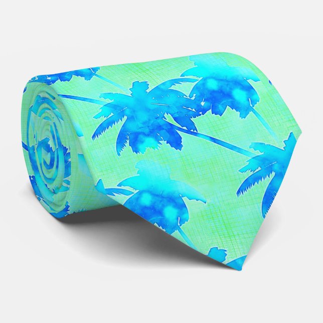 Gravata Palm Trees Tropicais Brilhante Verde Azul (Rolled)