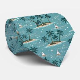 Gravata Palmeiras Tropicais Vintage e Barcos à Vela
