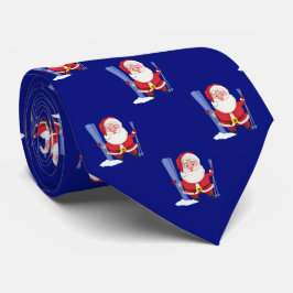 Gravata Papai Noel Engraçado de Esqui Cartoon em Azul Nava