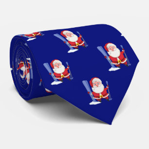 Gravata Papai Noel Engraçado de Esqui Cartoon em Azul Nava