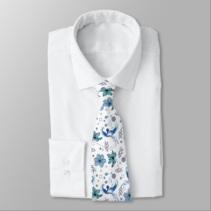 Gravata Pássaros Azuis e Harmonia Floral Padrão Sem Costur