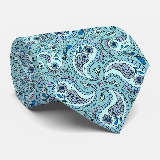 Gravata Pássaros da Paisley em azul-bebê (Rolled)