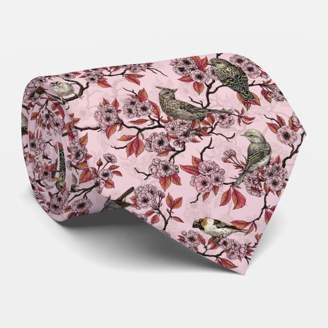 Gravata Pássaros e flor de cerejeira em rosa pálido (Rolled)