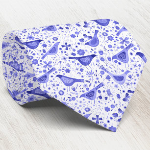 Gravata Pássaros e flores selvagens Floral Aquarela Azul B