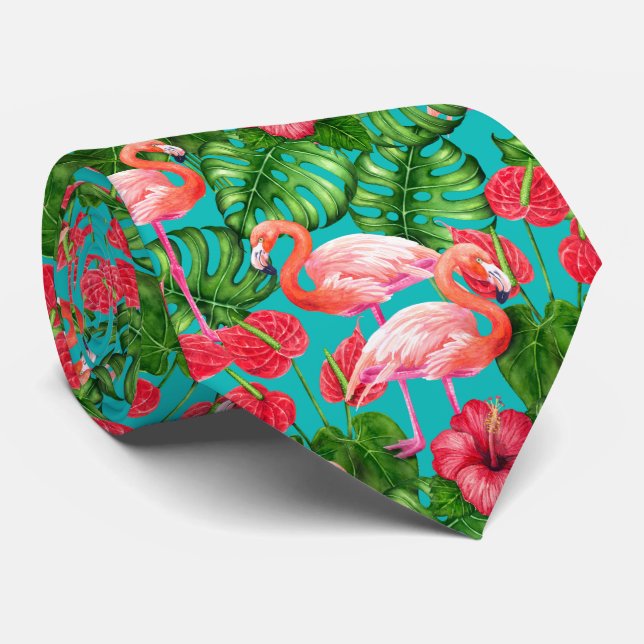 Gravata Pássaros Flamingo e aquarela de jardim tropical (Rolled)