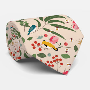 Gravata Pássaros Florais Desenhados À Mão Padrão Botânico
