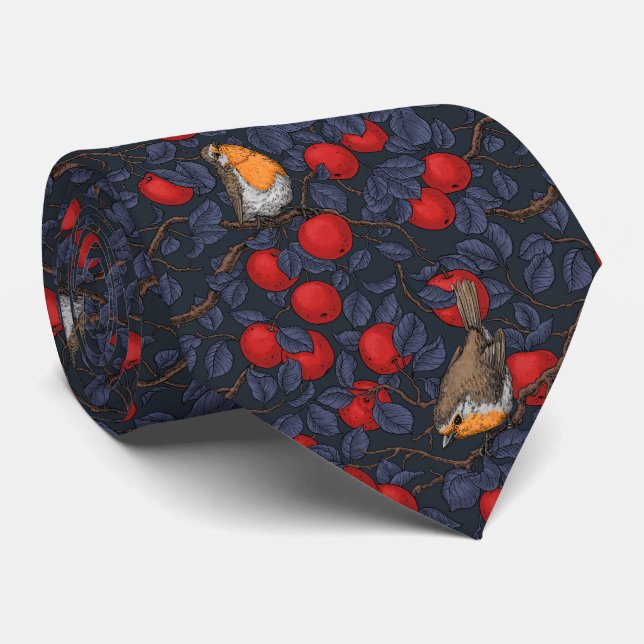 Gravata Pássaros na macieira/azul e vermelho  (Rolled)