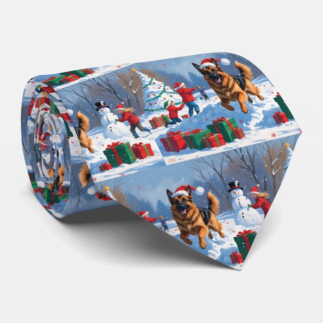 Gravata Pastor Alemão Correndo na Neve com Chapéu de Natal (Rolled)