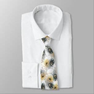 Gravata Peacock Feather Black White Dourada Mens Negra