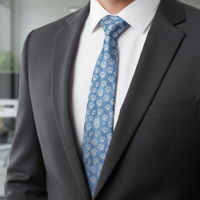 Gravata Pegadas Brancas em Azul – Amante de Animais Rústic (Criador carregado)