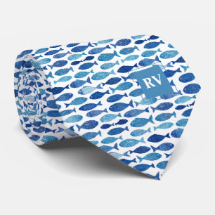 Gravata Peixes Escolares Monogramados Azul Náutico