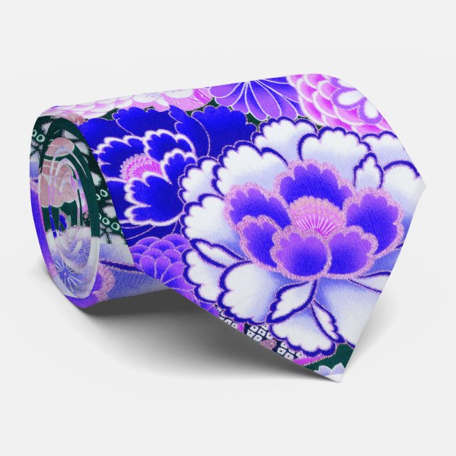 Gravata PÊMICA BRANCA AZUL, FLORES Japoneses Rosas (Rolled)