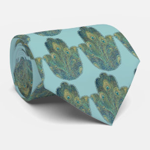 Gravata Pena de Pavão Hamsa Judaica Boho
