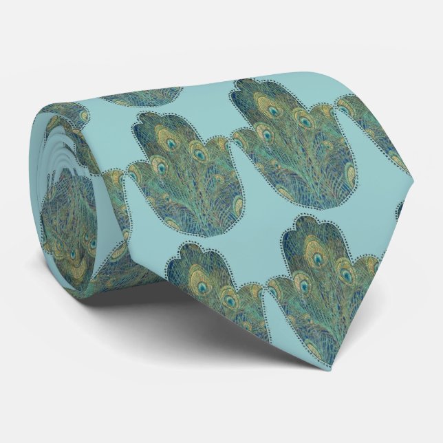 Gravata Pena de Pavão Hamsa Judaica Boho (Rolled)