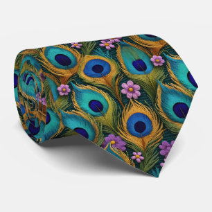 Gravata Penas De Peacock Vibrantes E Flores Roxas Pequenas