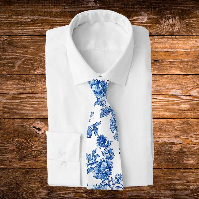 Gravata Peônia Rosa em Chinoiserie Azul e Branco (Criador carregado)