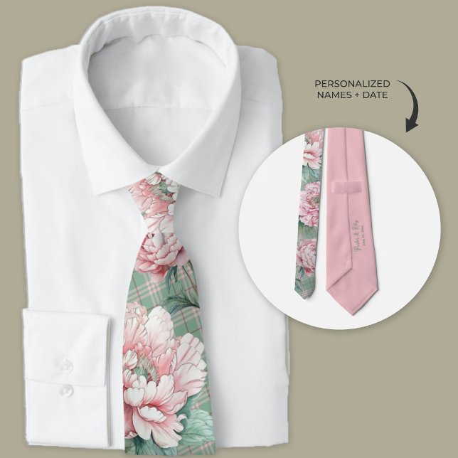 Gravata Peony rosa e Padrinhos de casamento Florais Xadrez (Personalized pink peony and plaid floral groomsman necktie.)