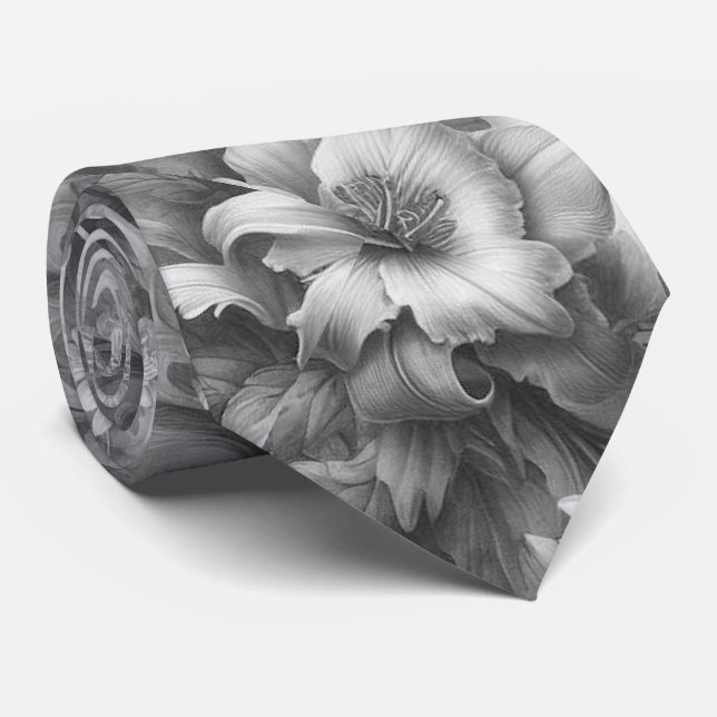 Gravata Perfeição Floral Antiga Preto e Branco (Rolled)