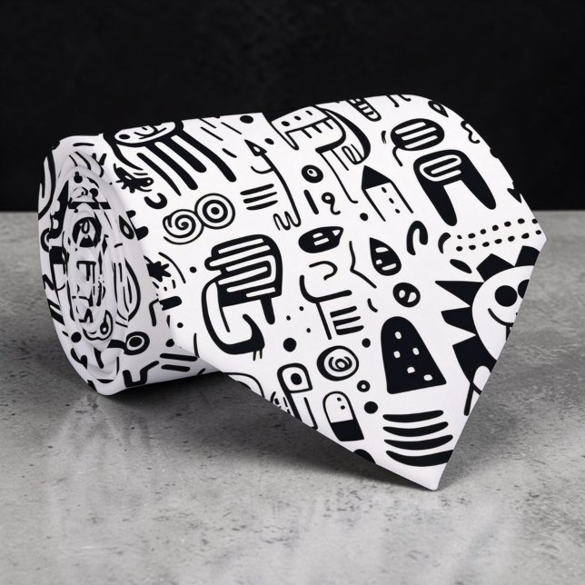 Gravata Personalizada Preta e Branca com Doodles (Criador carregado)