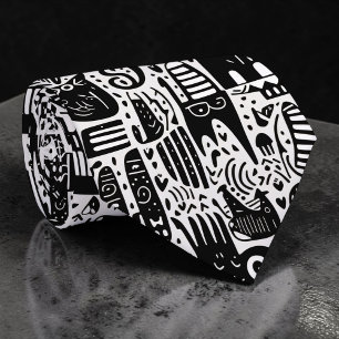 Gravata Personalizada Preta e Branca com Doodles