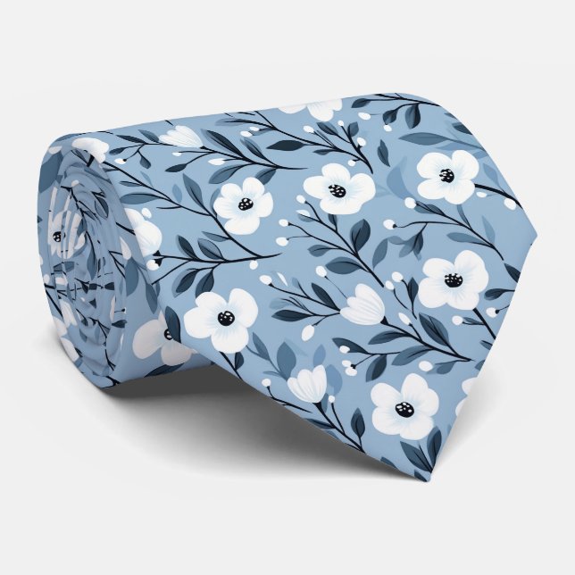 Gravata Personalizar Floral Botânico Branco Azul (Rolled)