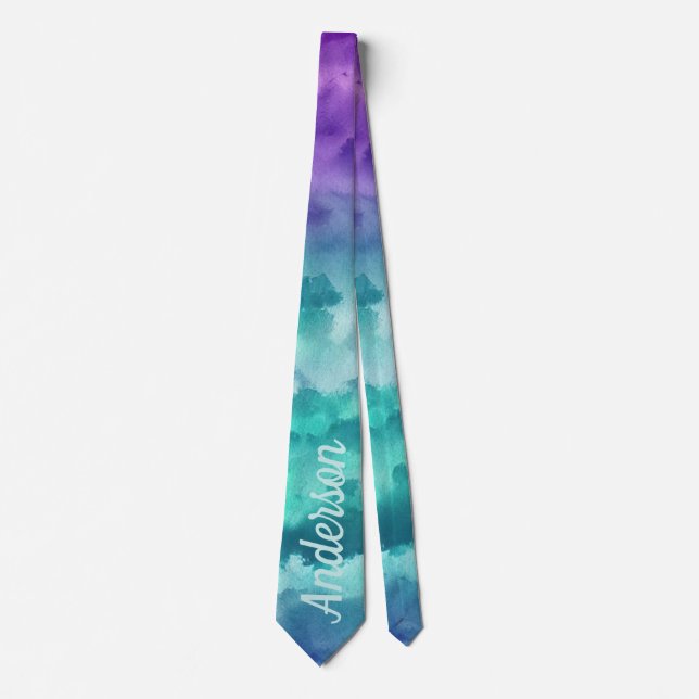 Gravata Personalizar gradiente de aquarela roxo azul-turqu (Frente)