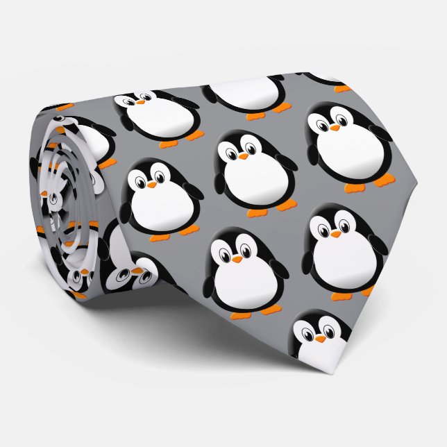 Gravata Pinguim Fofo Cartoon Cinza  (Rolled)