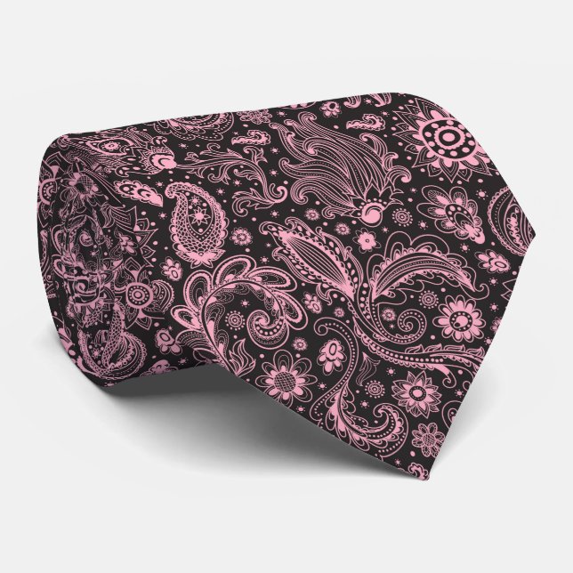 Gravata Pink black batik boho style floral paisley pattern (Rolled)