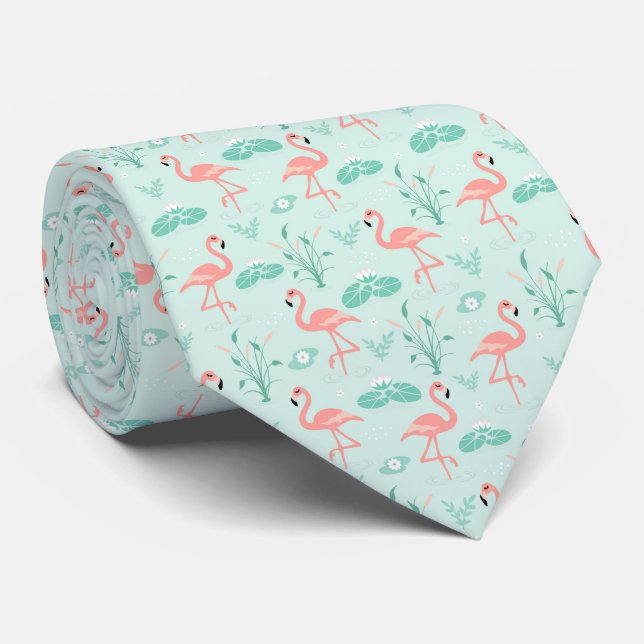 Gravata Pink Green Flamingo's Tropical Bird  (Rolled)