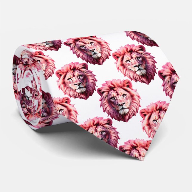 Gravata Pink Lion Head Animal Pattern Design White  (Criador carregado)