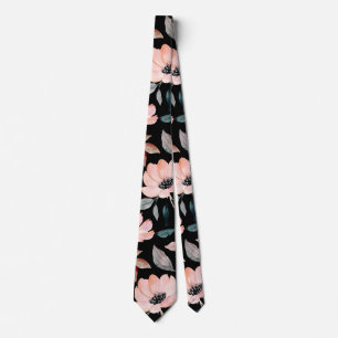 Gravata Pink on Black Greenery Watercolor Padrão Floral