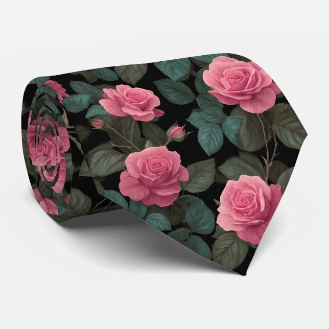 Gravata Pink Roses on Black Floral Pattern (Rolled)