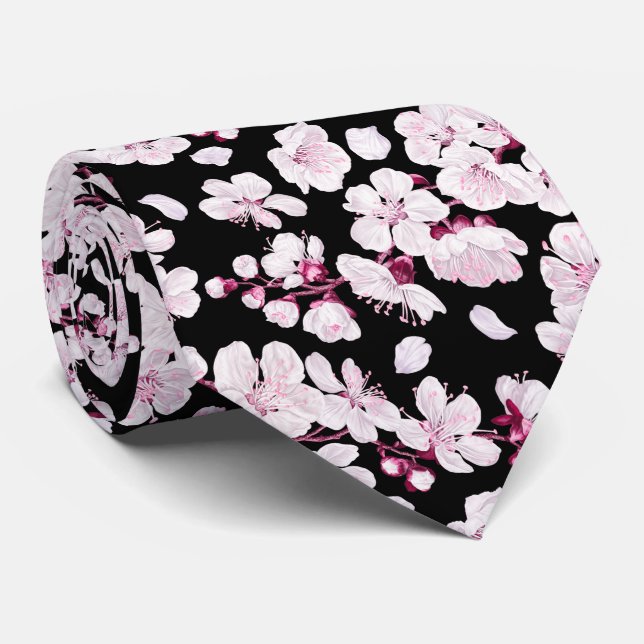 Gravata Pink Sakura Floral Cherry Pattern Moderno Negro (Rolled)