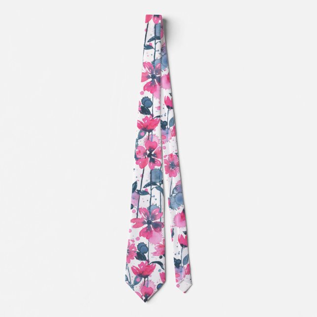 Gravata Pink Watercolor Daisies (Frente)