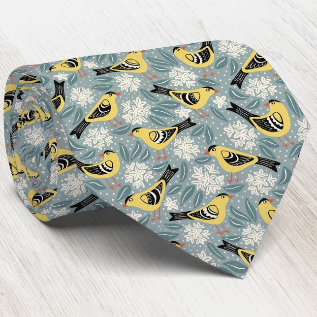 Gravata Pintassilgo e Impressão em Bloco de Flor de Rhodod (Willow Goldfinch Coastal Rhododendron state bird flower of Washington heritage inspired neck tie)