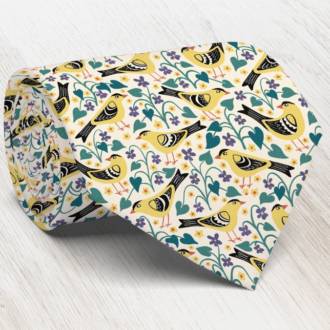 Gravata Pintassilgo e Violeta-de-madeira Flor de Pássaro (Willow Goldfinch Wild Wood Violet New Jersey state bird flower heritage inspired pattern neck tie)