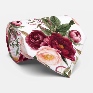 Gravata PixDezine H2 Flores Peônias Bege Borgonha