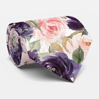 Gravata PixDezineH2 Flores Roxo Berinjela e Rosas Bege