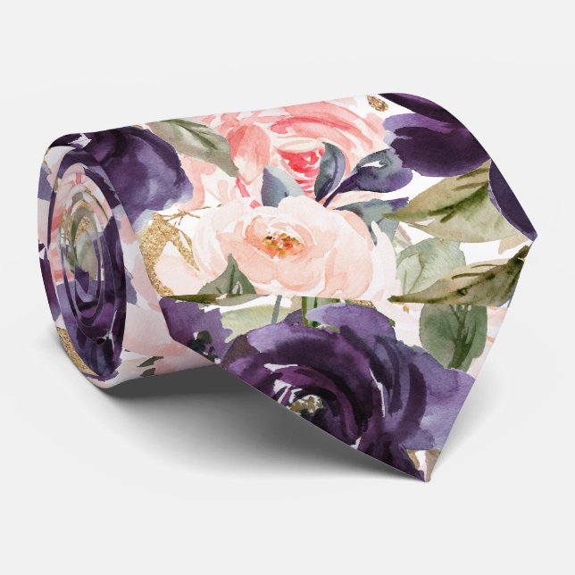 Gravata PixDezineH2 Flores Roxo Berinjela e Rosas Bege   (Rolled)