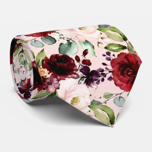 Gravata PixDezines Bege Borgonha Flores Aquarela