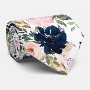 Gravata PixDezines Bege Rosa Azul Marinho Flores Aquarela